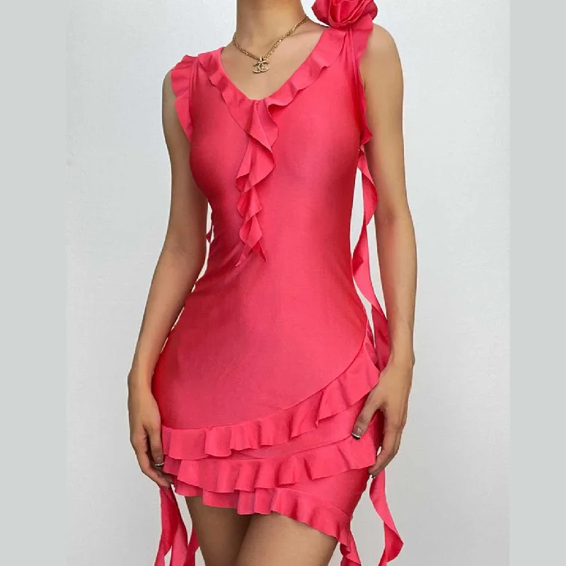 BerryBetty - Sleeveless v neck ruffle flower applique ribbon mini dress