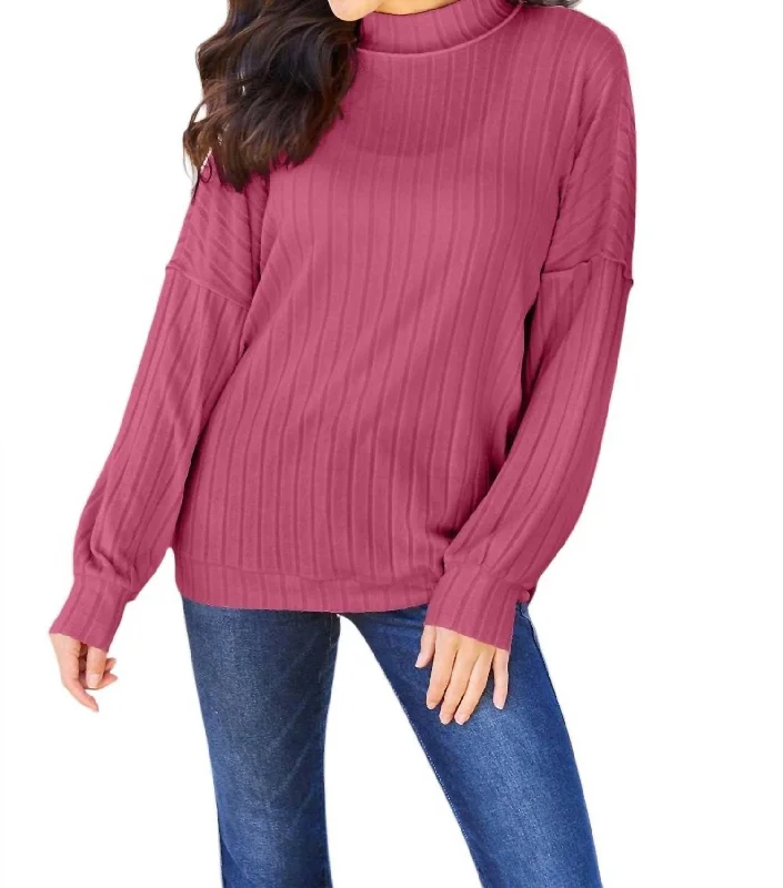 Sleek Ribbed Mock Neck Knit Top In Deep Rose