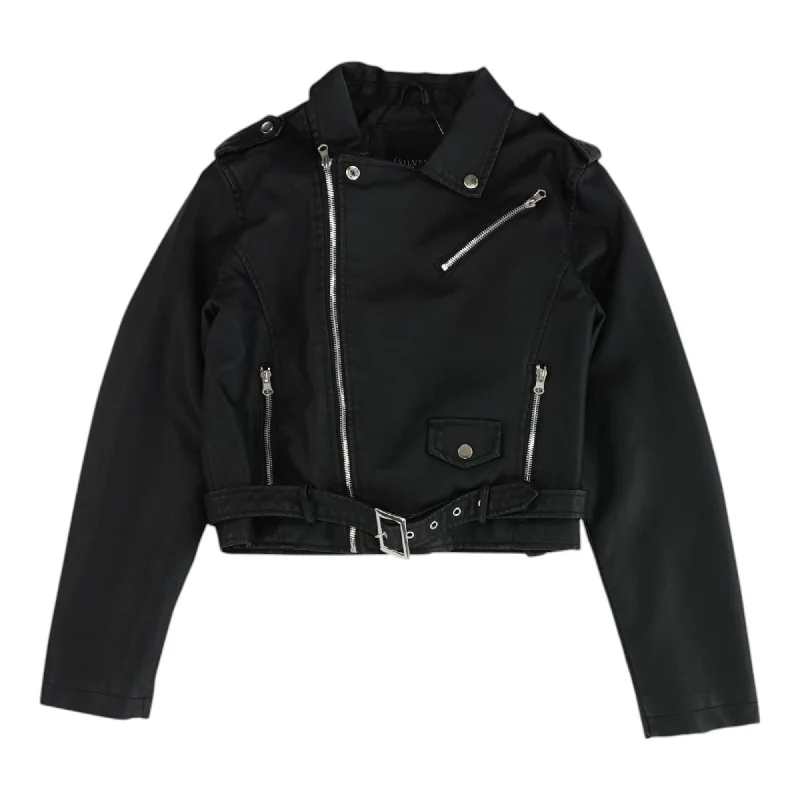 Black Solid Faux Leather Jacket