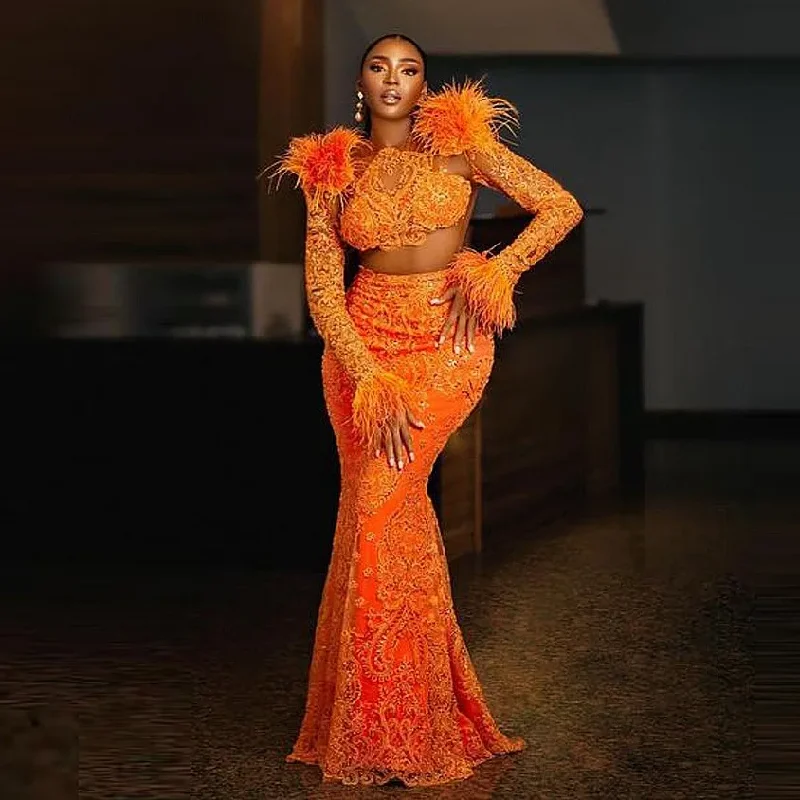 Aso Ebi Lace Evening Dresses With Feathers See Through Long Sleeves Prom Dress African Women Formal Celebrity Birthday Gowns