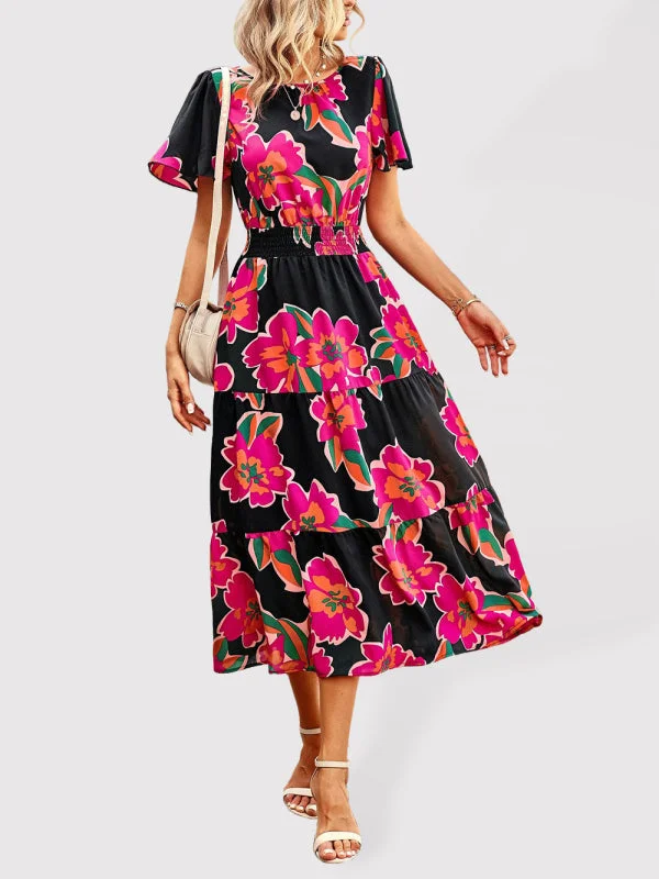 BerryBetty - Women's Floral Dress  Summer Temperament Elegant Waist Short Sleeve Long Dress