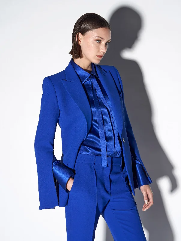 Veste de costume à manches zippées en crêpe bleue