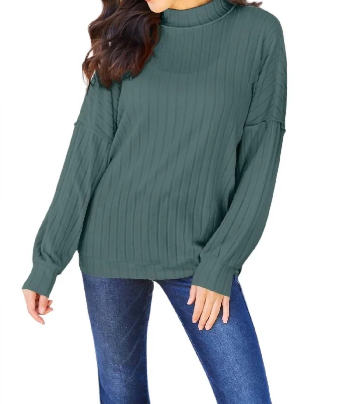 Sleek Ribbed Mock Neck Knit Top In Teal