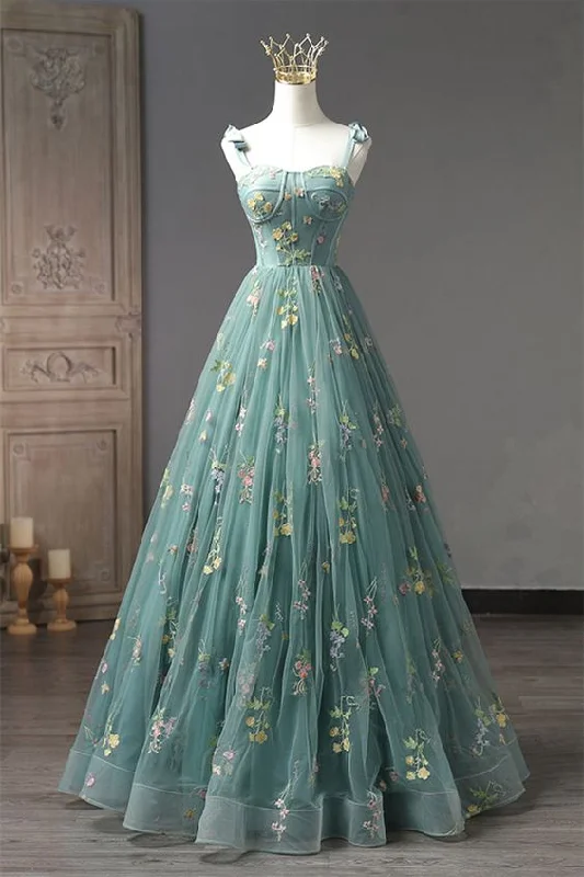 Dusty Green Embroidery Long Prom Dress