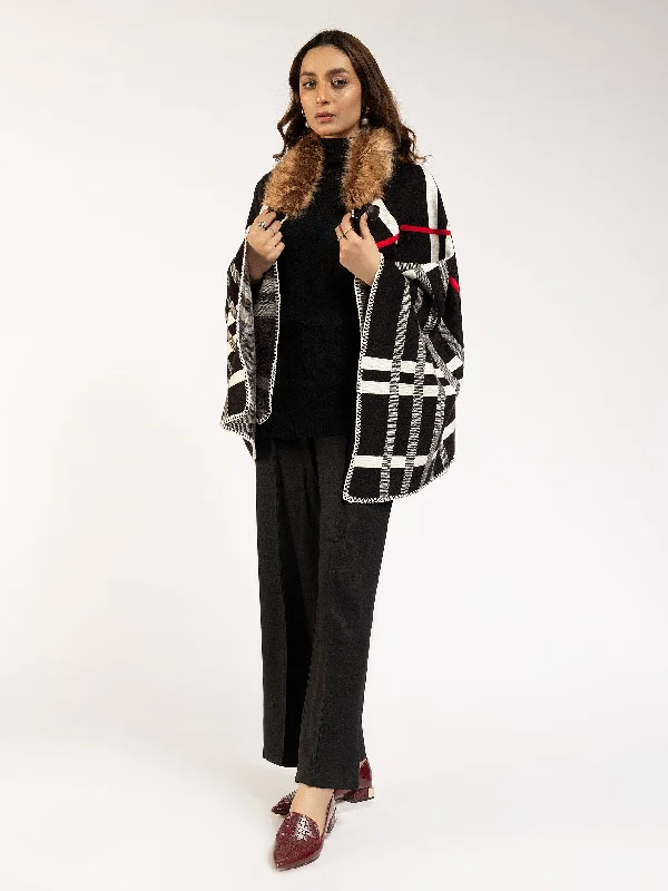 Faux Fur Check Poncho