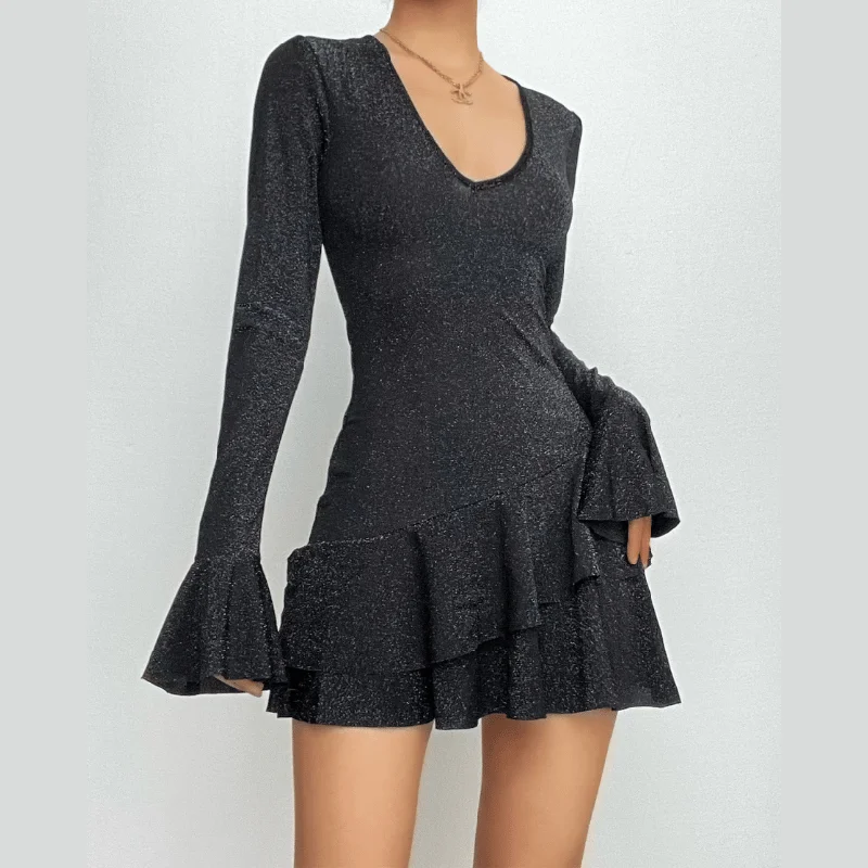 BerryBetty - Textured v neck ruffle irregular long flared sleeve mini dress