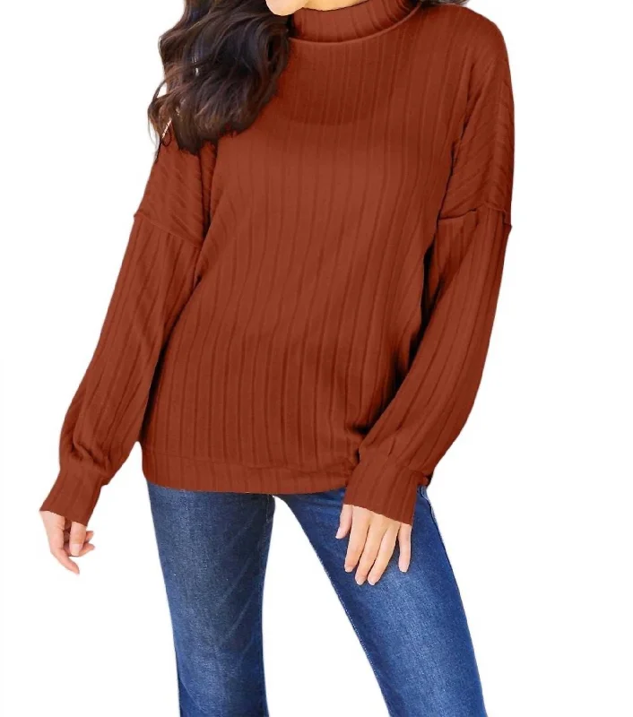 Sleek Ribbed Mock Neck Knit Top In Brick Red