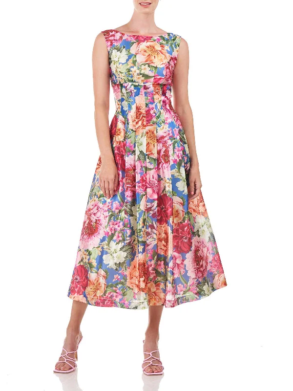 Womens Floral Pleated Cocktail and Party Dress