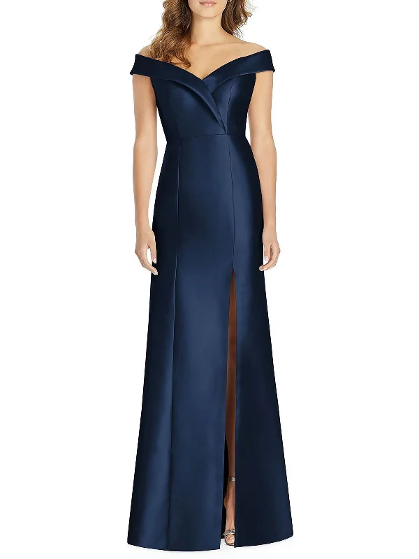 Womens Satin Off-The-Shoulder Evening Dress