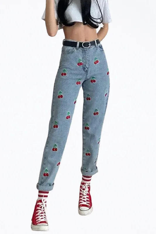 High-Rise Cherry-Embroidered Tapered Jeans In Light Blue