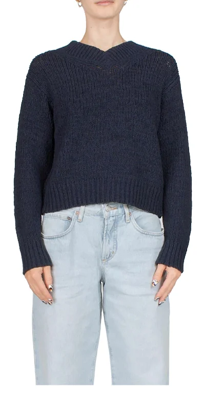 Drop Shoulder V-Neck Sweater In Navy