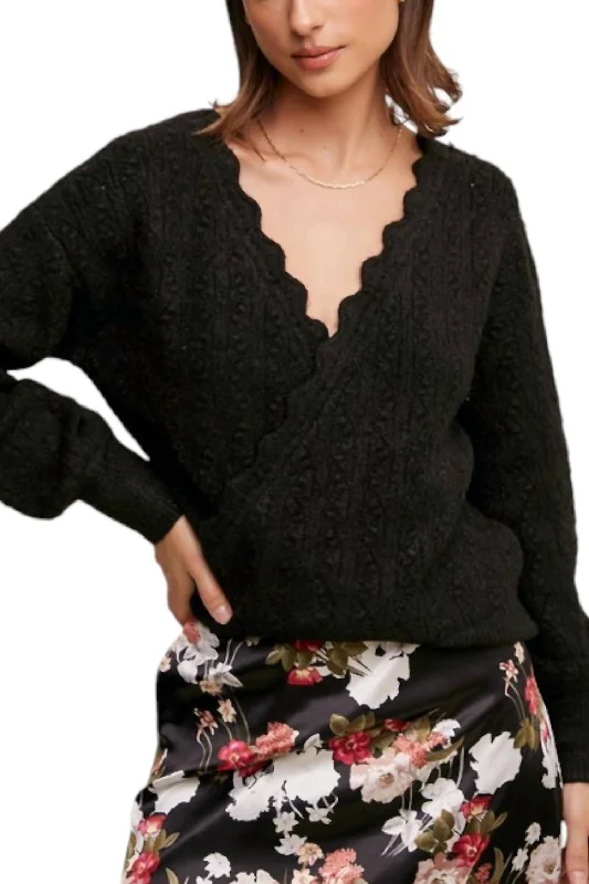 Paige Pointelle Knit Wrap Style Sweater In Black