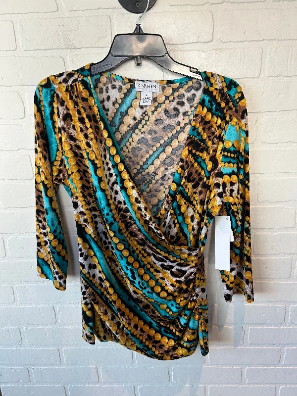 Top 3/4 Sleeve By Carmen By Carmen Marc Valvo In Black & Gold, Size: L